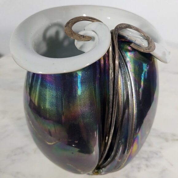 STUNNING VINTAGE IRIDESCENT STERLING SILVER FOLD OVER POTTERY CERAMIC VASE DISH - Picture 4 of 16